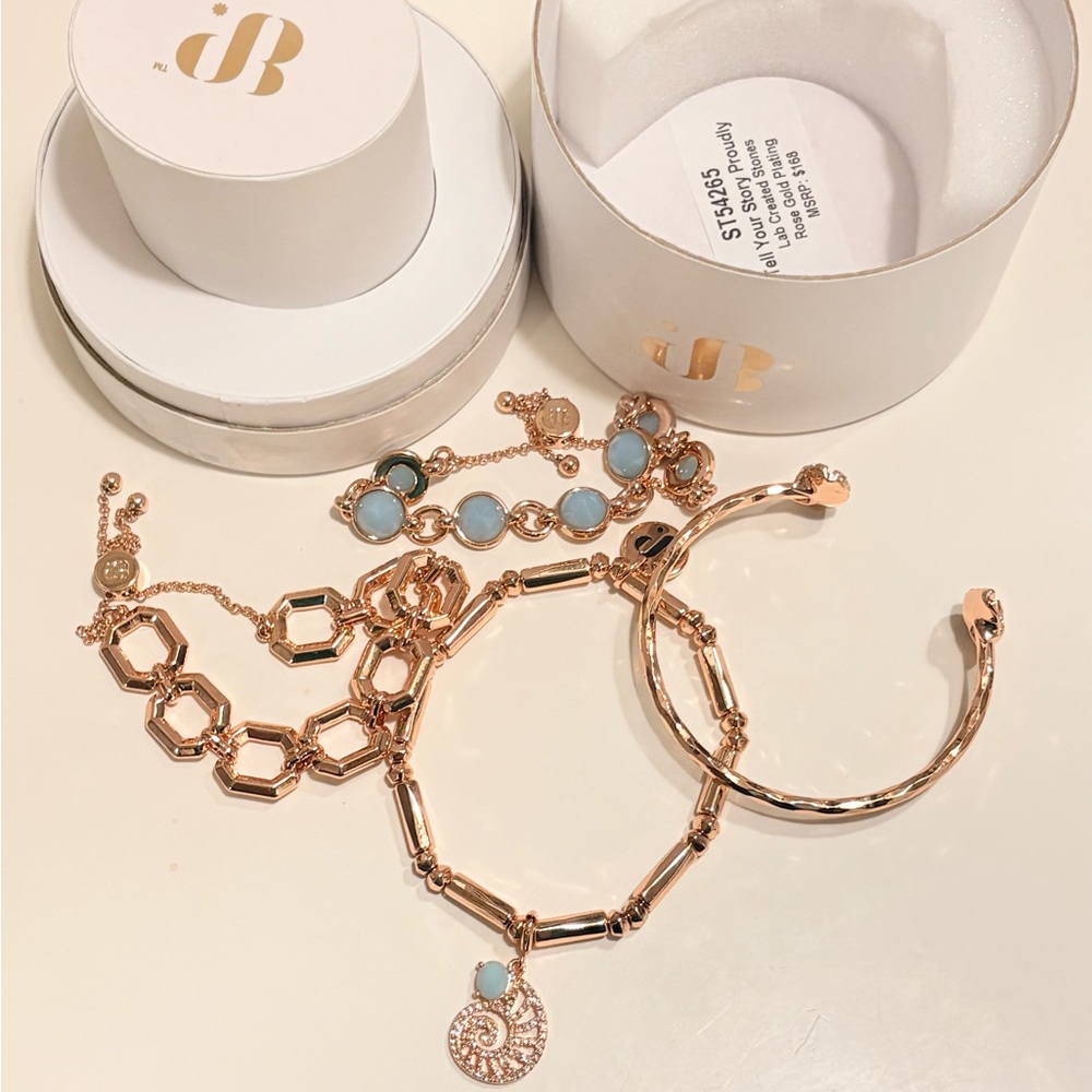 Rose Gold Bracelet Set with Light Blue Stones and Charm - Picture 2 of 11